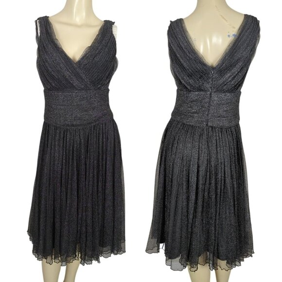 Coldwater Creek Metallic Black Sleeveless Pleated V-Neck Empire waist Dress sz 8 - Picture 1 of 16